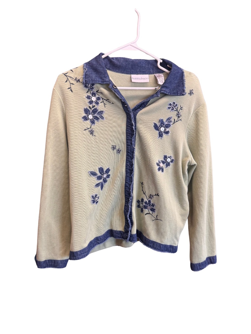 Light Green Floral Embroidered Cardigan with Blue Trim - Women's